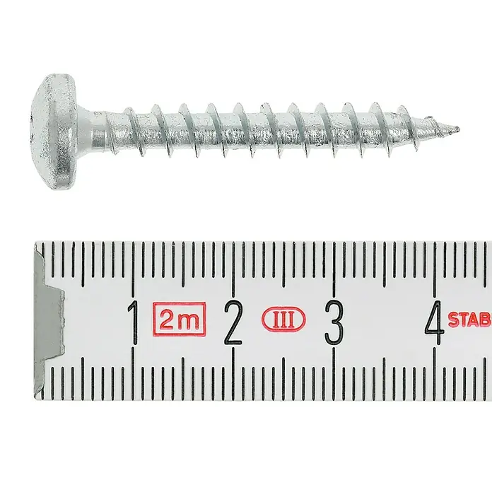 Profi Depot Spanplattenschraube VZ - 6 x 40 mm, 100 Stk., Verzinkt, TX für TORX-Antriebe - Nahaufnahme einer Schraube neben einem Messschieber, der eine Länge von etwa 38 mm anzeigt.