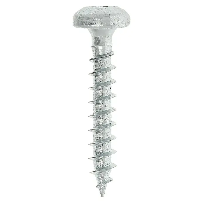 Profi Depot Spanplattenschraube VZ - 3,5 x 20 mm, 200 Stk., Verzinkt, TX für TORX-Antriebe - Nahaufnahme einer einzelnen, silberfarbenen Metallschraube mit einem markanten Schraubenkopf und einem scharfen Gewinde auf schwarzem Hintergrund.