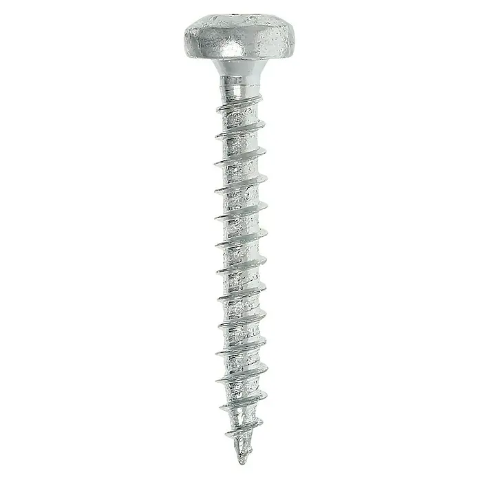 Profi Depot Spanplattenschraube VZ - 3,5 x 25 mm, 200 Stk., Verzinkt, TX für TORX-Antriebe - Nahaufnahme einer einzelnen, silbernen Holzschraube mit deutlichem Gewinde und flachem Kopf auf schwarzem Hintergrund.