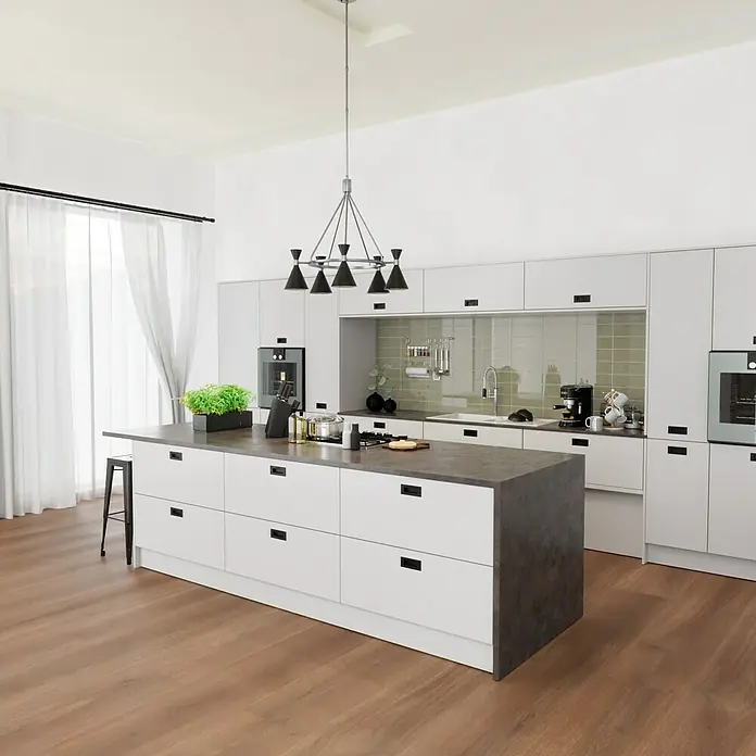 Modern Style Wandfliese Emotion Bege 550 - 9,8 x 29,8 cm, Beige, Glänzend - Eine moderne Küche mit einer Kücheninsel, weißem Interieur, einer stilvollen Beleuchtung und Geräten, die eine einladende Atmosphäre schaffen.