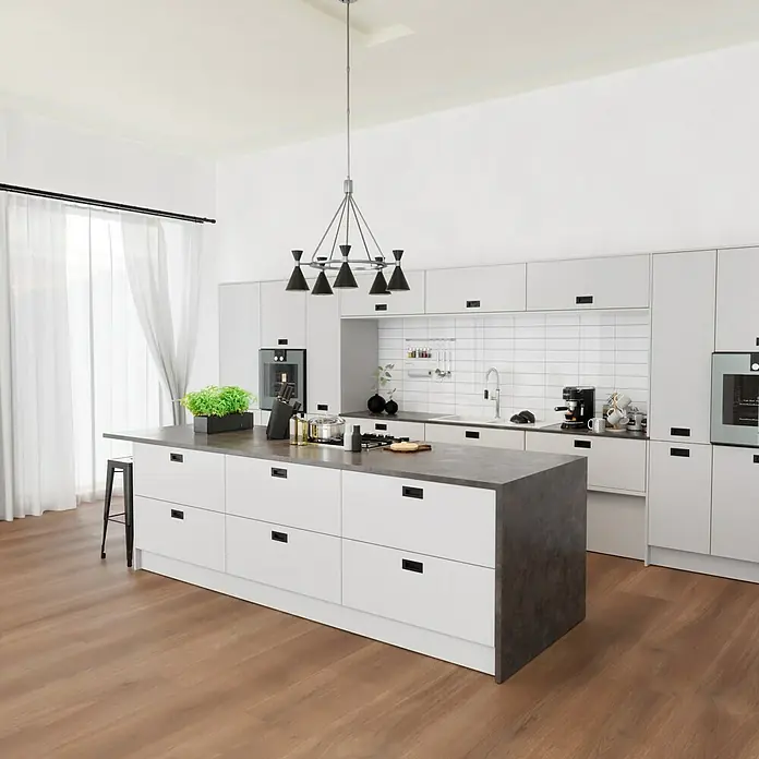 Modern Style Wandfliese Emotion Branco 500 - 9,8 x 29,8 cm, Weiß, Glänzend - Helle Küche mit Kücheninsel. Die moderne Küche zeichnet sich durch klare Linien und eine graue Arbeitsplatte aus.