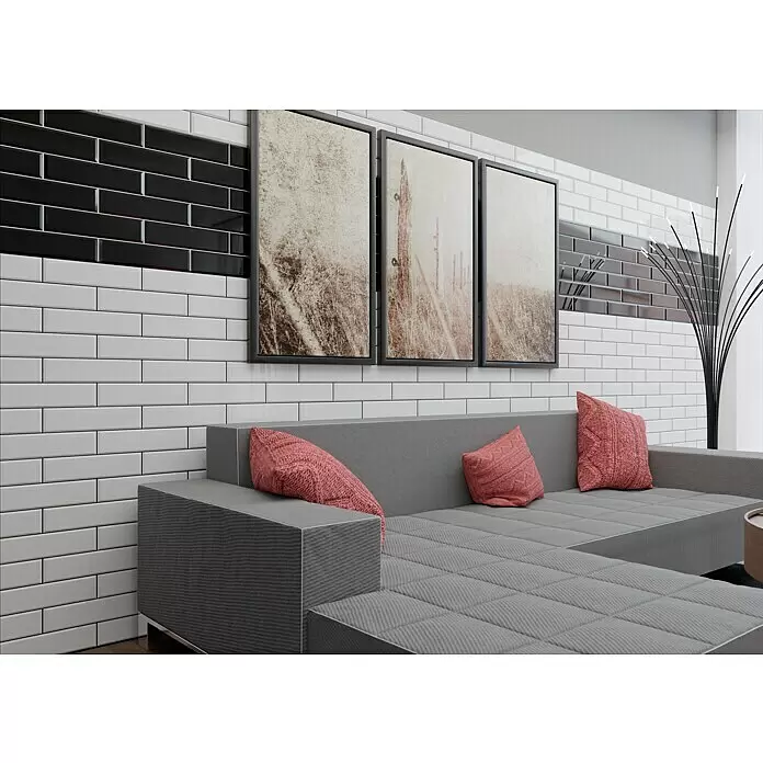 Modern Style Wandfliese Manhattan Biselado Negro - 7,5 x 30 cm, Schwarz, Glänzend - Stimmungsaufnahme
