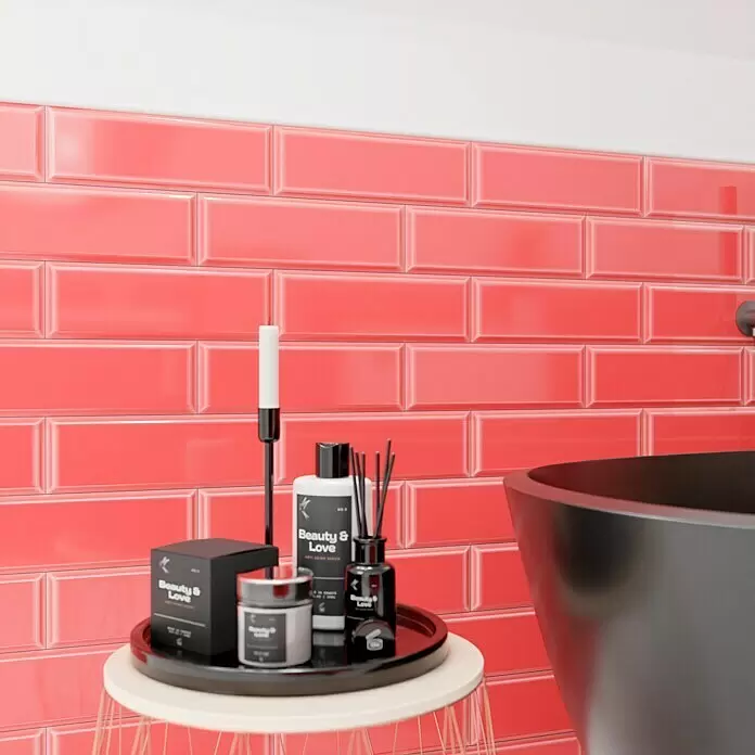 Modern Style Wandfliese Metro Biselado Verme 180 - 9,8 x 29,8 cm, Rot, Glänzend - Stimmungsaufnahme