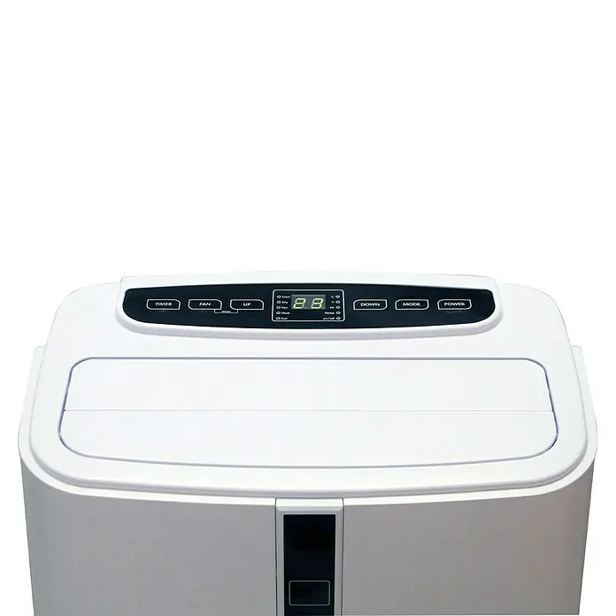 Voltomat Mobiles Klimagerät WiFi 12.000 BTU - 3.500 W, Raumgröße: 35 m², Weiß - Nahaufnahme einer tragbaren Klimaanlage mit Bedienelementen und Display, ideal für kleine Räume und flexible Kühlung.