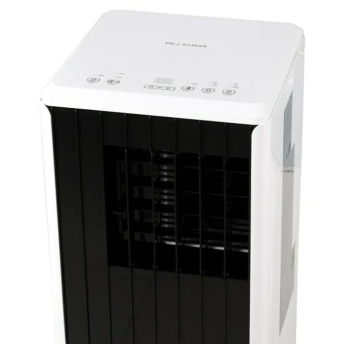 Voltomat Aire acondicionado portátil WiFi Khione - 2.600 W, Tamaño de la estancia: 26 m², Negro - Primer plano de un ventilador de torre Pro Klima blanco y negro diseñado para proporcionar refrigeración.