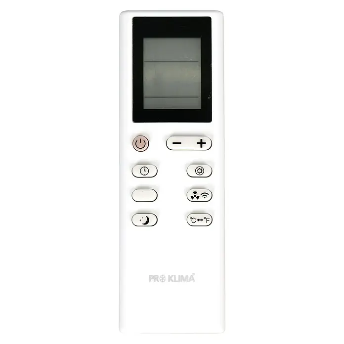 Voltomat Mobiles Klimagerät WiFi 12.000 BTU - 3.500 W, Raumgröße: 35 m², Weiß - Nahaufnahme einer weißen Klimaanlagen-Fernbedienung mit diversen Tasten und einem Display. Perfekt um die Temperatur einzustellen.