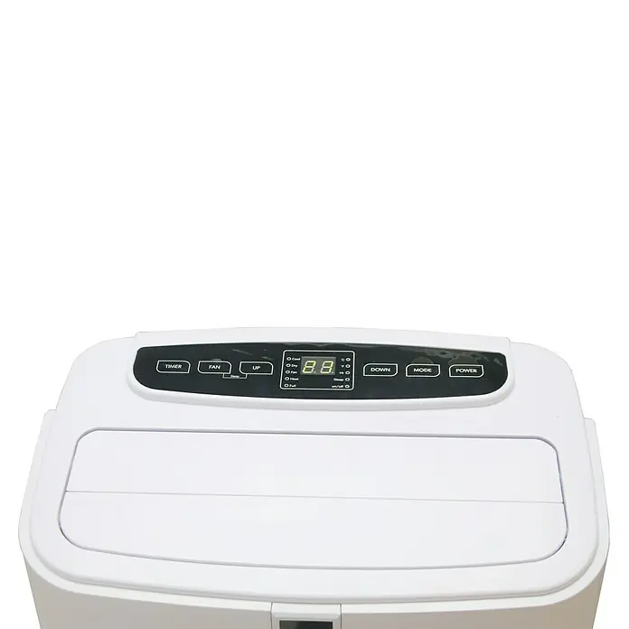 Voltomat Mobiles Klimagerät WiFi 12.000 BTU - 3.500 W, Raumgröße: 35 m², Weiß - Nahaufnahme einer tragbaren Klimaanlage mit digitaler Anzeige und Bedienelementen für Timer, Lüfter, Temperatur und Modus.