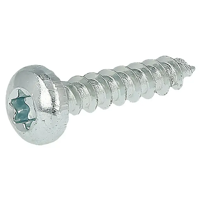 Profi Depot Spanplattenschraube VZ - 3 x 15 mm, 200 Stk., Verzinkt, TX für TORX-Antriebe - Nahaufnahme einer silberfarbenen Torx-Blechschraube mit abgerundetem Kopf, ideal für sichere und bündige Befestigungen in Metall.