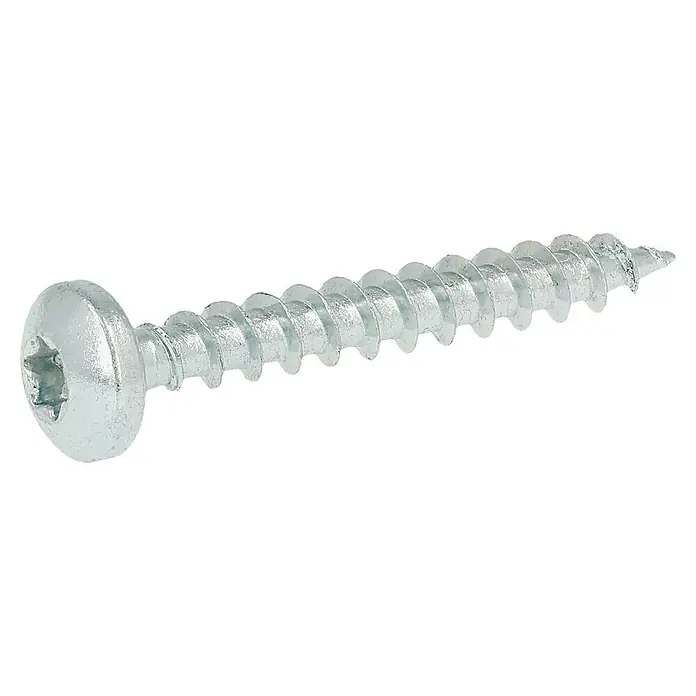 Profi Depot Spanplattenschraube VZ - 4 x 30 mm, 200 Stk., Verzinkt, TX für TORX-Antriebe - Nahaufnahme einer verzinkten Schraube mit Torx-Antrieb und grobem Gewinde auf schwarzem Hintergrund.