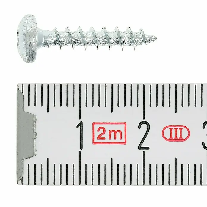 Profi Depot Spanplattenschraube VZ - 4 x 20 mm, 200 Stk., Verzinkt, TX für TORX-Antriebe - Nahaufnahme einer Linsenkopfschraube mit metrischem Gewinde neben einem Messlineal.
