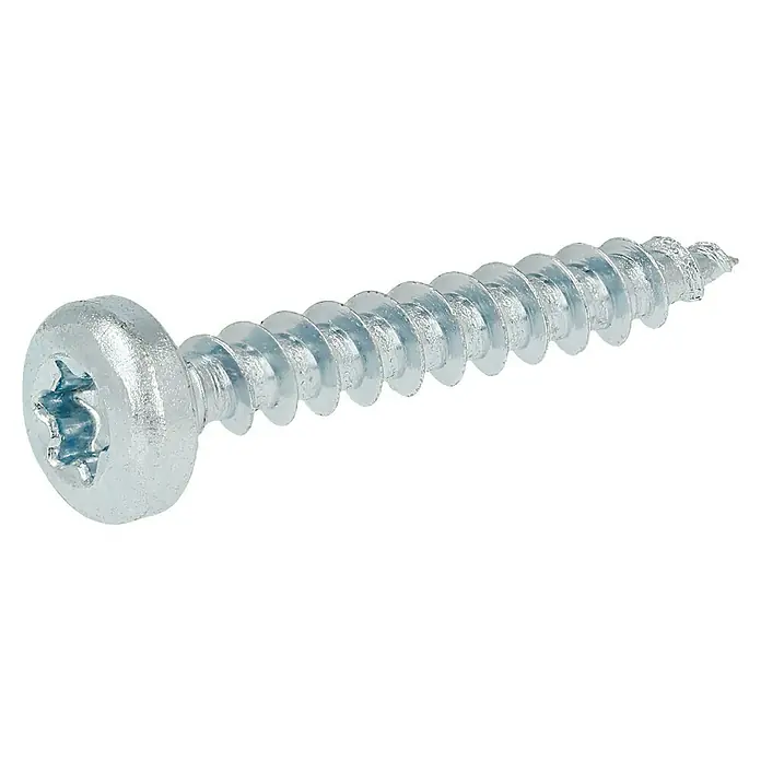 Profi Depot Spanplattenschraube VZ - 4,5 x 30 mm, 200 Stk., Verzinkt, TX für TORX-Antriebe - Nahaufnahme einer silbernen Torx-Schraube mit abgerundetem Kopf vor schwarzem Hintergrund.