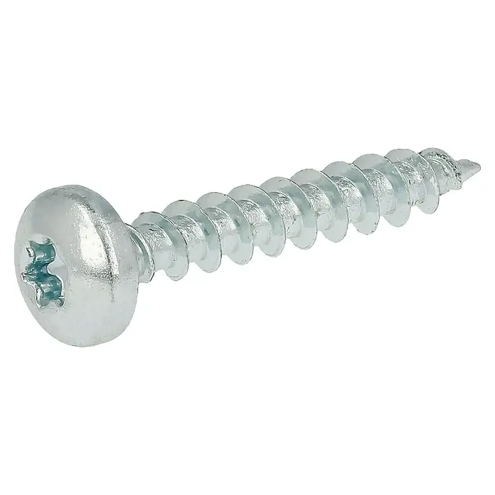 Profi Depot Spanplattenschraube VZ - 4 x 25 mm, 200 Stk., Verzinkt, TX für TORX-Antriebe - Nahaufnahme einer silbernen Torx-Schraube mit metrischem Gewinde vor schwarzem Hintergrund, ideal für Bau- und Reparaturprojekte.