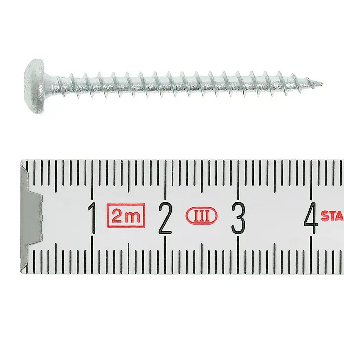 Profi Depot Spanplattenschraube VZ - 4 x 40 mm, 200 Stk., Verzinkt, TX für TORX-Antriebe - Ein Bild einer Holzschraube mit Linsenkopf, die mit einem Zentimetermaß gemessen wird.