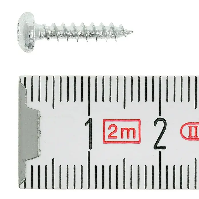 Profi Depot Spanplattenschraube VZ - 3 x 15 mm, 200 Stk., Verzinkt, TX für TORX-Antriebe - Ein Foto einer Schraube neben einem Messschieber zur Größenanzeige. Schraube für verschiedene Heimwerkerprojekte.