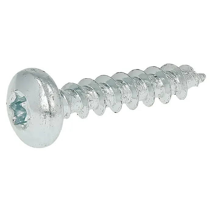 Profi Depot Spanplattenschraube VZ - 4 x 20 mm, 200 Stk., Verzinkt, TX für TORX-Antriebe - Nahaufnahme einer glänzenden, silbernen Torx-Schraube mit breitem Kopf auf schwarzem Hintergrund. Perfekt für Heimwerker- und Bauprojekte.