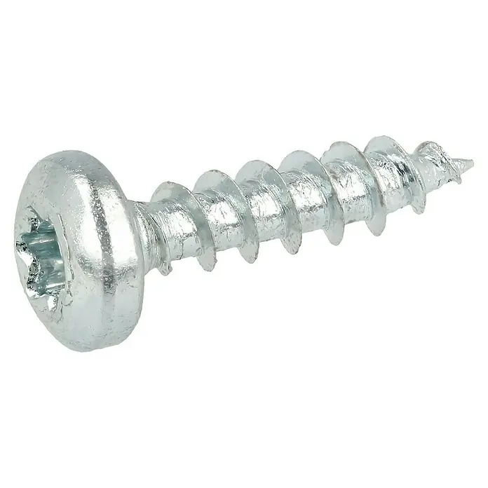 Profi Depot Spanplattenschraube VZ - 3,5 x 15 mm, 200 Stk., Verzinkt, TX für TORX-Antriebe - Nahaufnahme einer glänzenden, silberfarbenen Torx-Holzschraube mit markanten Gewindegängen vor einem neutralen, schwarzen Hintergrund.