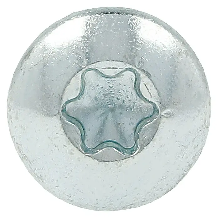 Profi Depot Spanplattenschraube VZ - 4 x 20 mm, 200 Stk., Verzinkt, TX für TORX-Antriebe - Nahaufnahme einer Torx-Schraube mit glänzendem, silberfarbenem Kopf und sternförmigem Antrieb. Ideal für sichere Verbindungen.