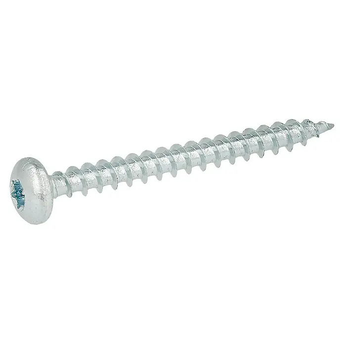 Profi Depot Spanplattenschraube VZ - 4 x 40 mm, 200 Stk., Verzinkt, TX für TORX-Antriebe - Nahaufnahme einer silberfarbenen Holzschraube mit Linsenkopf und Kreuzschlitz auf schwarzem Hintergrund.