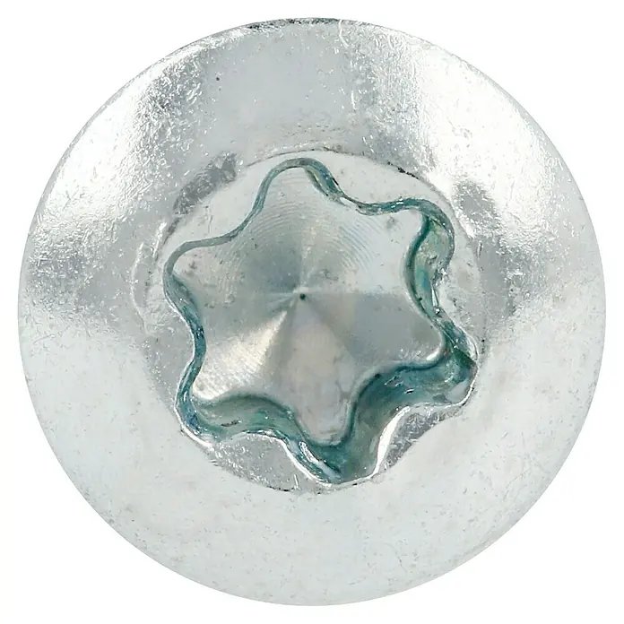 Profi Depot Spanplattenschraube VZ - 3,5 x 15 mm, 200 Stk., Verzinkt, TX für TORX-Antriebe - Nahaufnahme eines silbernen Torx-Schraubenkopfes mit präzisem Innensechsrundprofil für sicheren Halt und effiziente Kraftübertragung.