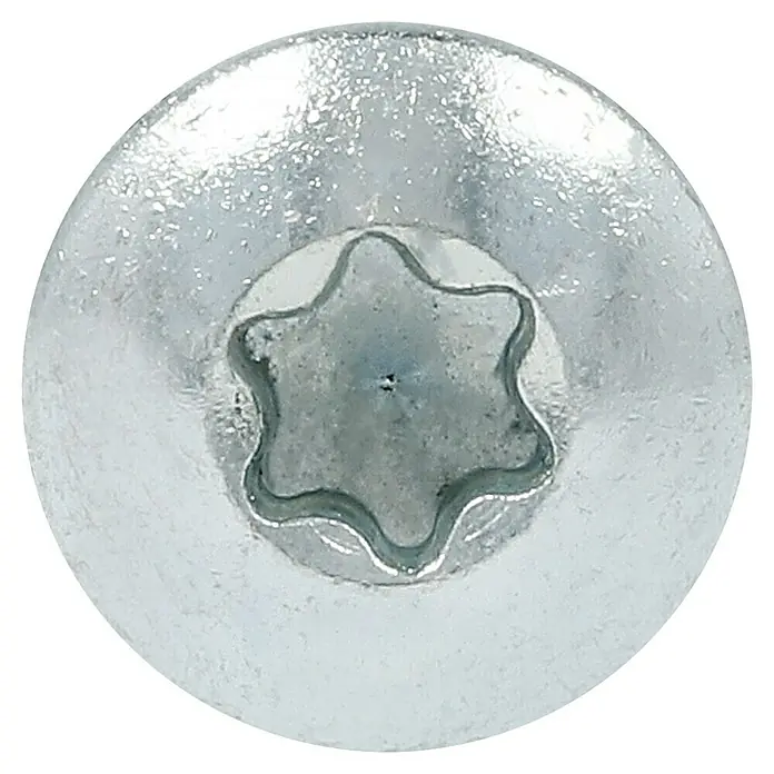 Profi Depot Spanplattenschraube VZ - 4 x 30 mm, 200 Stk., Verzinkt, TX für TORX-Antriebe - Nahaufnahme eines silbernen Torx-Schraubenkopfes, der ein präzises und zuverlässiges Befestigungselement für verschiedenste Anwendungen darstellt.