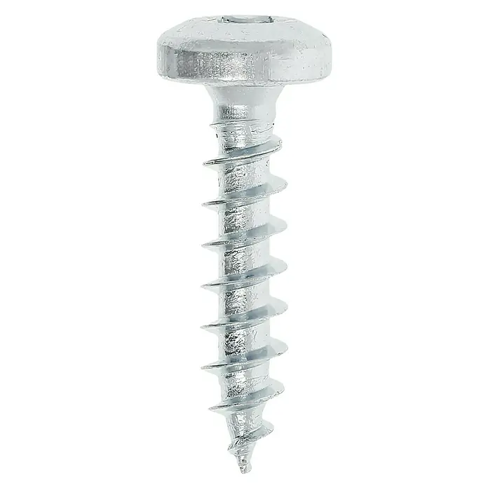 Profi Depot Spanplattenschraube VZ - 4,5 x 20 mm, 200 Stk., Verzinkt, TX für TORX-Antriebe - Nahaufnahme einer einzelnen, silberfarbenen Schraube mit breitem Kopf und scharfen Gewindegängen auf schwarzem Hintergrund.