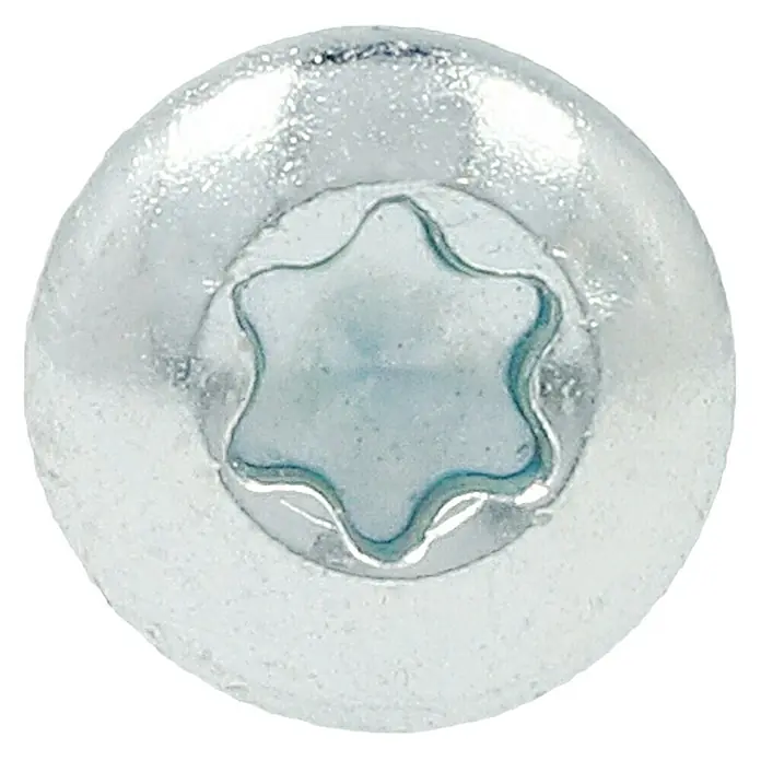 Profi Depot Spanplattenschraube VZ - 3 x 15 mm, 200 Stk., Verzinkt, TX für TORX-Antriebe - Nahaufnahme eines Torx-Schraubenkopfs aus Metall, glänzend und mit präzisem Antriebsprofil.