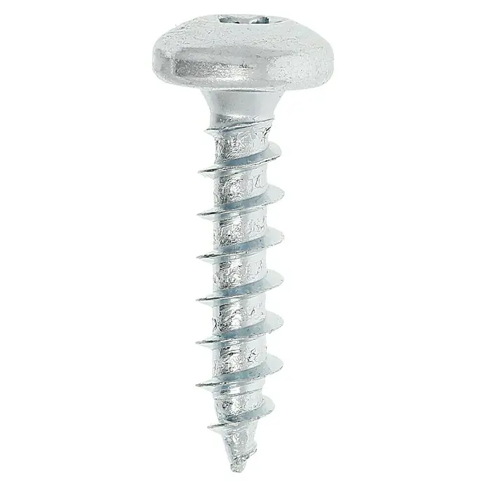 Profi Depot Spanplattenschraube VZ - 4 x 17 mm, 200 Stk., Verzinkt, TX für TORX-Antriebe - Nahaufnahme einer einzelnen, silberfarbenen Trockenbauschraube mit breitem Kopf und scharfen Gewindegängen vor schwarzem Hintergrund.