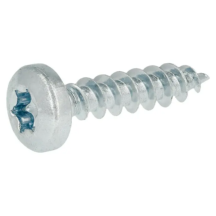 Profi Depot Spanplattenschraube VZ - 4,5 x 20 mm, 200 Stk., Verzinkt, TX für TORX-Antriebe - Nahaufnahme einer silbernen Torx-Schraube mit rundem Kopf und Gewinde vor einem schwarzen Hintergrund.
