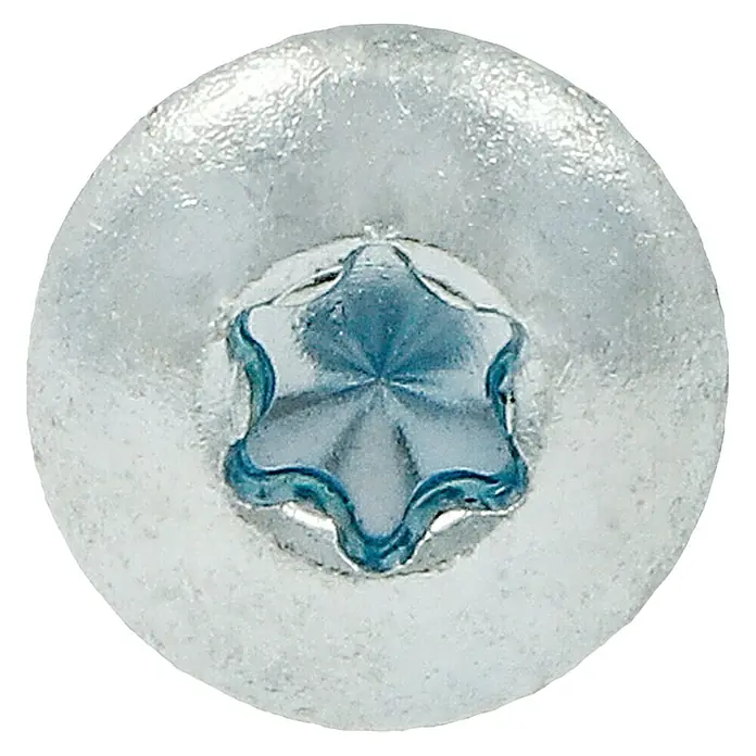 Profi Depot Spanplattenschraube VZ - 4 x 40 mm, 200 Stk., Verzinkt, TX für TORX-Antriebe - Nahaufnahme des Kopfes einer Torx-Schraube mit silberner Oberfläche und blauem Antrieb, ideal für sichere und präzise Befestigungen.