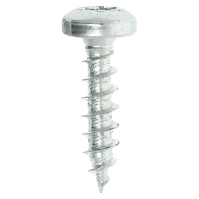 Profi Depot Spanplattenschraube VZ - 3,5 x 15 mm, 200 Stk., Verzinkt, TX für TORX-Antriebe - Nahaufnahme einer einzelnen, silberfarbenen Schraube mit einem breiten, flachen Kopf und einem scharfen Gewinde vor schwarzem Hintergrund.