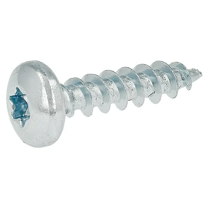 Profi Depot Spanplattenschraube VZ - 4 x 17 mm, 200 Stk., Verzinkt, TX für TORX-Antriebe - Nahaufnahme einer silberfarbenen Senkkopfschraube mit Torx-Antrieb, die sich ideal für Holz- und Metallarbeiten eignet.