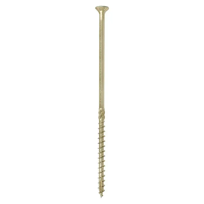 Profi Depot Tornillo para madera TX - Cabezal avellanado, TX para accionamientos TORX, 50 ud., Ø x L: 8 x 200 mm - Un primer plano de un tornillo con una cabeza ancha y rosca afilada. Ideal para madera y aplicaciones de fijación.