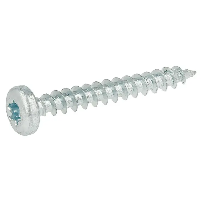 Profi Depot Spanplattenschraube VZ - 4,5 x 35 mm, 200 Stk., Verzinkt, TX für TORX-Antriebe - Nahaufnahme einer silbernen Torx-Holzschraube vor einem schwarzen Hintergrund. Perfekt für Heimwerker- und Bauprojekte.