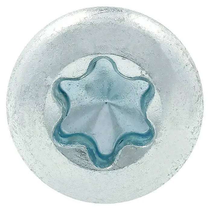 Profi Depot Spanplattenschraube VZ - 4,5 x 35 mm, 200 Stk., Verzinkt, TX für TORX-Antriebe - Nahaufnahme eines Torx-Schraubenkopfes, der ein klares, sauberes Design mit einem robusten, sternförmigen Antrieb zeigt.