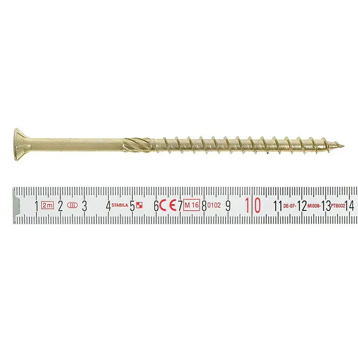 Profi Depot Tornillo para madera TX - Cabezal avellanado, TX para accionamientos TORX, 50 ud., Ø x L: 8 x 140 mm - Primer plano de un tornillo para madera con una cinta métrica para determinar su tamaño, adecuado para varios proyectos de carpintería.