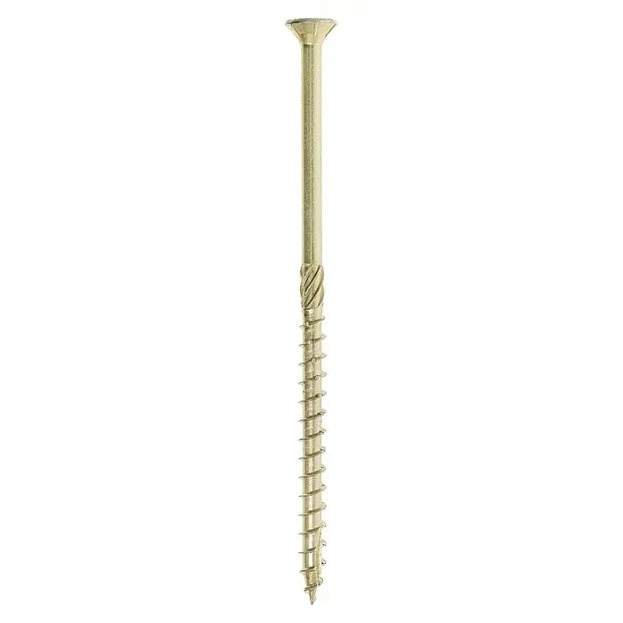 Profi Depot Tornillo para madera TX - Cabezal avellanado, TX para accionamientos TORX, 50 ud., Ø x L: 8 x 160 mm - Primer plano de un solo tornillo para madera de color latón con rosca prominente sobre un fondo negro.