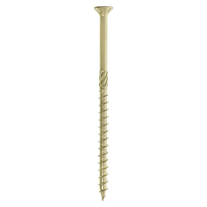 Profi Depot Tornillo para madera TX - Cabezal avellanado, TX para accionamientos TORX, 50 ud., Ø x L: 8 x 140 mm - Primer plano de un solo tornillo de madera dorado con cabeza, ideal para sujetar madera con sus afiladas roscas espirales.