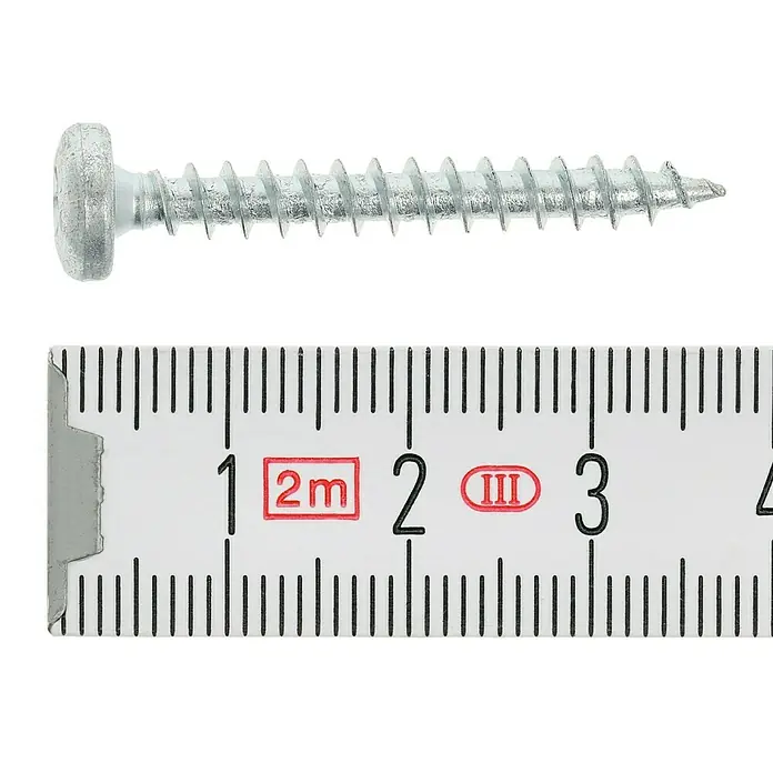 Profi Depot Spanplattenschraube VZ - 4,5 x 35 mm, 200 Stk., Verzinkt, TX für TORX-Antriebe - Nahaufnahme einer Schraube mit metrischem Maßstab zur Größenbestimmung.