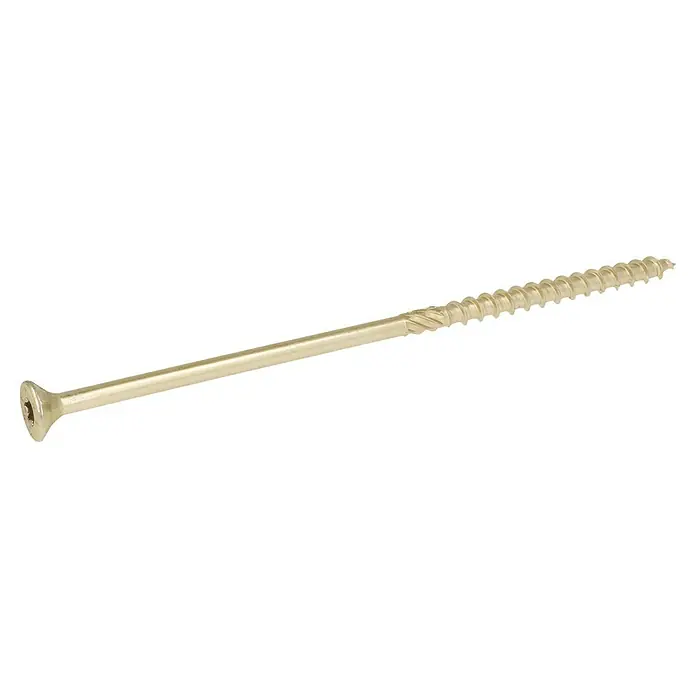 Profi Depot Tornillo para madera TX - Cabezal avellanado, TX para accionamientos TORX, 50 ud., Ø x L: 8 x 200 mm - Primer plano de un solo tornillo de cabeza avellanada con roscas afiladas, ideal para carpintería y proyectos de bricolaje.