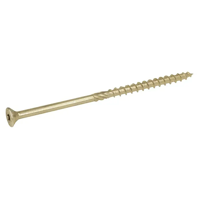 Profi Depot Tornillo para madera TX - Cabezal avellanado, TX para accionamientos TORX, 50 ud., Ø x L: 8 x 160 mm - Primer plano de un solo tornillo dorado para madera con rosca afilada y cabeza plana, ideal para proyectos de construcción y carpintería.