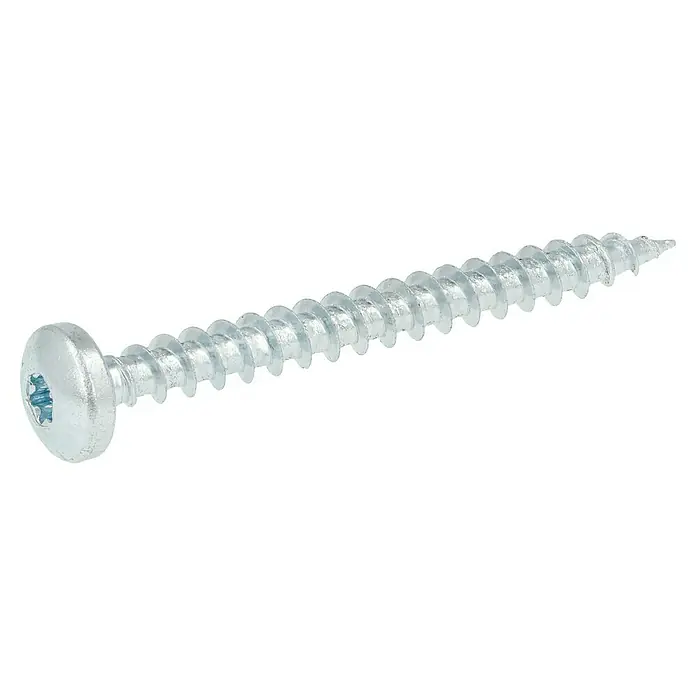 Profi Depot Spanplattenschraube VZ - 6 x 60 mm, 50 Stk., Verzinkt, TX für TORX-Antriebe - Nahaufnahme einer silbernen Senkkopfschraube mit Torx-Antrieb vor schwarzem Hintergrund, die Details und Konstruktion hervorhebt.