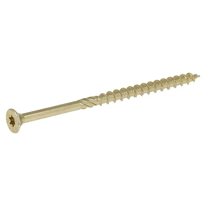 Profi Depot Tornillo para madera TX - Cabezal avellanado, TX para accionamientos TORX, 50 ud., Ø x L: 8 x 140 mm - Primer plano de un solo tornillo de madera dorado con cabeza Torx y roscas afiladas sobre un fondo negro.