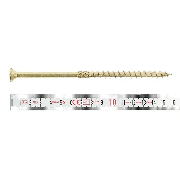 Profi Depot Tornillo para madera TX - Cabezal avellanado, TX para accionamientos TORX, 50 ud., Ø x L: 8 x 160 mm - Primer plano de un tornillo para madera amarillo con una regla métrica para comparar tamaños.