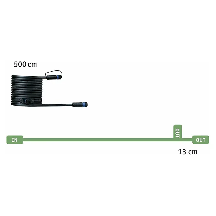 Paulmann Plug & Shine Verbindungskabel - 5 m, 2 Anschlüsse, IP68 - Abbildung eines 500 cm langen Kabels mit Anschlüssen und einer schematischen Darstellung der Ein- und Ausgänge und einer 13 cm langen Verbindung.