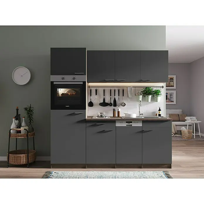Respekta Singleküche Oliver - Breite: 205 cm, Grau, Mit Duo-Kochmulde - Moderne graue Küche mit eingebautem Ofen, Hängeschränken und praktischen Küchenutensilien. Ideal für stilvolle Kocherlebnisse und optimierte Raumnutzung.