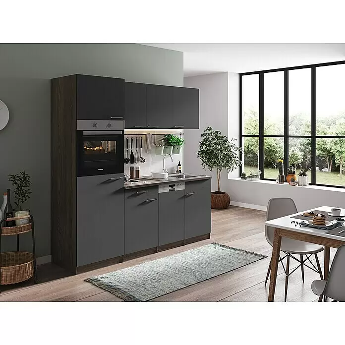 Respekta Singleküche Oliver - Breite: 205 cm, Grau, Mit Duo-Kochmulde - Moderne dunkelgraue Küchenzeile mit Holz-Akzenten, integriertem Backofen, Spüle und Geschirrspüler in hellem Küchenbereich.