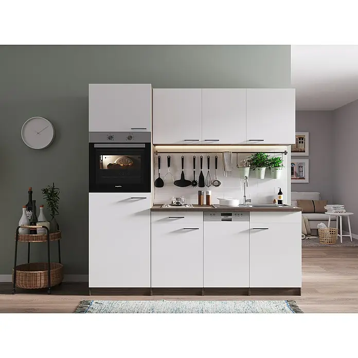 Respekta Singleküche Oliver - Breite: 205 cm, Weiß, Mit Duo-Kochmulde - Küchenansicht mit modernen weißen Schränken, integriertem Ofen und stilvollem Zubehör für eine elegante und funktionale Küchengestaltung.