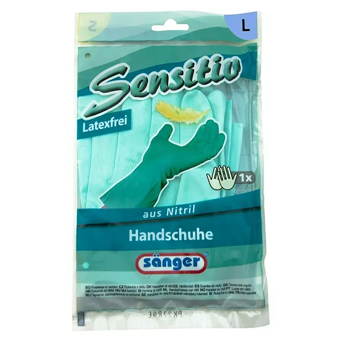 Sänger Haushaltshandschuhe Sensitiv - L, Türkisgrün, Nitril - Packung latexfreie Sänger Sensitiv Nitril-Handschuhe, Größe L, ideal für Allergiker und empfindliche Haut, ausgezeichneter Schutz.