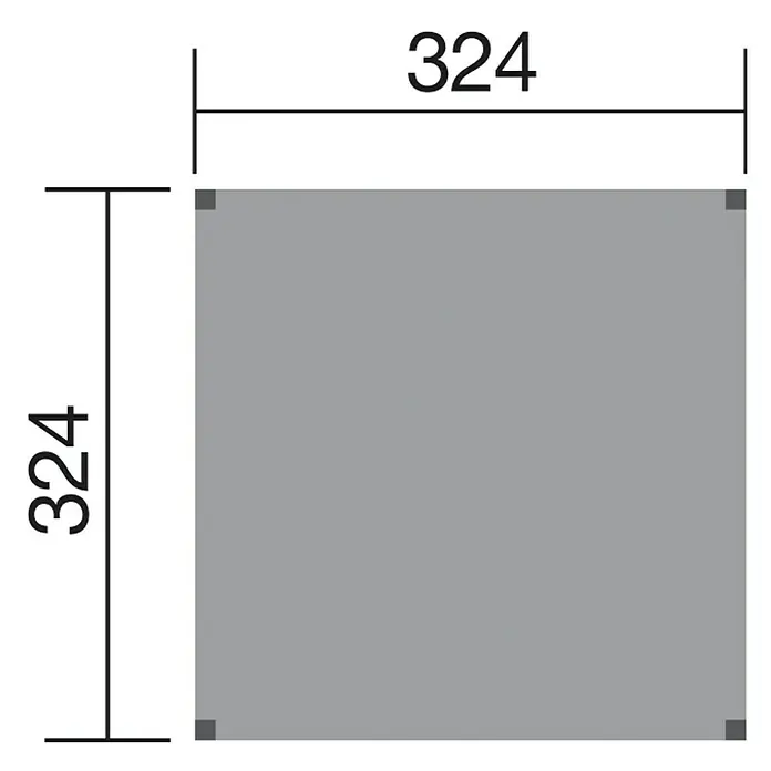 Weka Pavillon Gartenoase Stralsund 235 - 3,24 x 3,24 x 2,4 m, Natur - Quadratische graue Fläche mit Maßangaben. Die Abmessungen des Objekts betragen 324 x 324 Einheiten, die auf dem Bild klar angegeben sind.