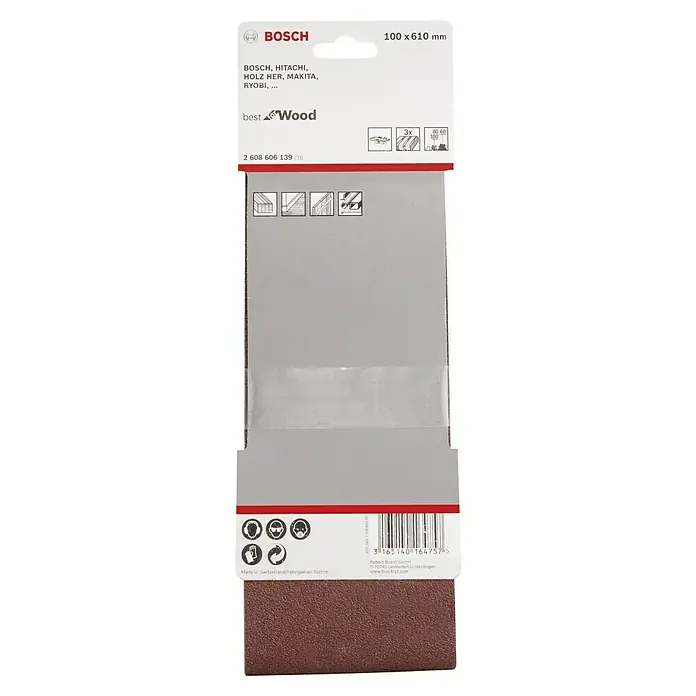 Bosch Set de bandas de lija X440 Best for Wood and Paint - An x L: 100 x 610 mm, Grano: 60 mm - 100 mm, 3 ud. - Banda de lija Bosch 100x610mm, adecuada para madera con Bosch, Hitachi, Makita, Ryobi. Ideal para superficies de madera.